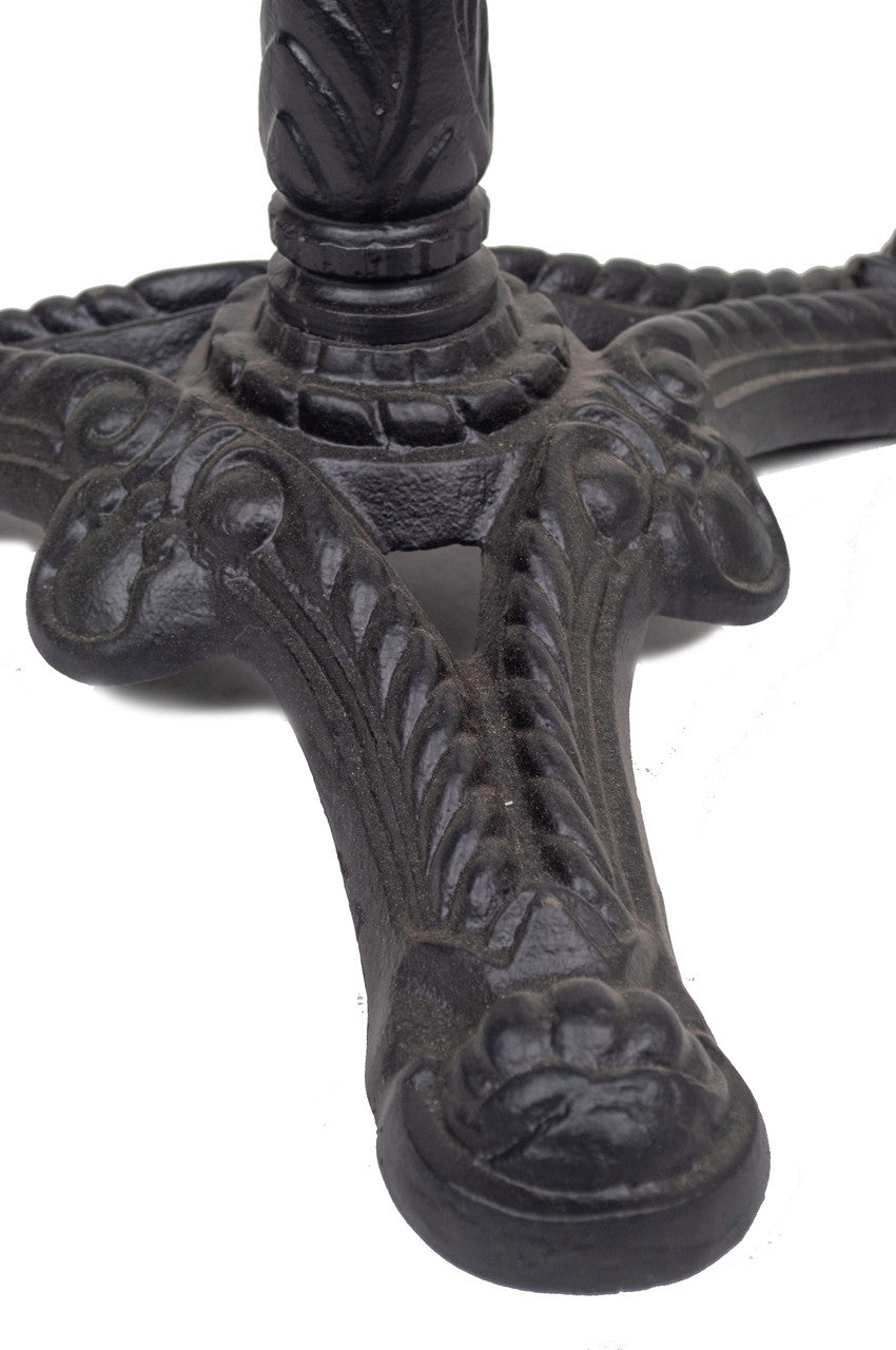 This black cast iron, powder coated base secures our French Bistro marble table.